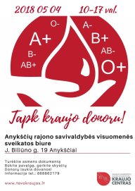 Anykščių rajono savivaldybės visuomenės sveikatos biuras kviečia tapti kraujo donorais