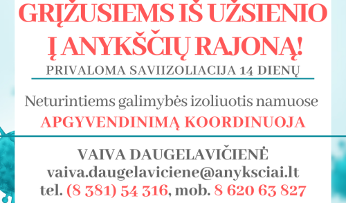 Ką svarbu žinoti apie izoliavimąsi Anykščių r. savivaldybės skiriamose patalpose