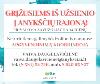 Ką svarbu žinoti apie izoliavimąsi Anykščių r. savivaldybės skiriamose patalpose