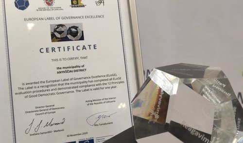 Anykščių rajono savivaldybei – Europos Tarybos apdovanojimas už nepriekaištingą valdymą