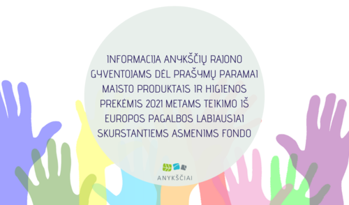 INFORMACIJA ANYKŠČIŲ RAJONO GYVENTOJAMS DĖL PRAŠYMŲ PARAMAI MAISTO PRODUKTAIS IR HIGIENOS...