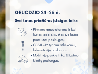 Sveikatos priežiūros įstaigos dirbs ir per šventes