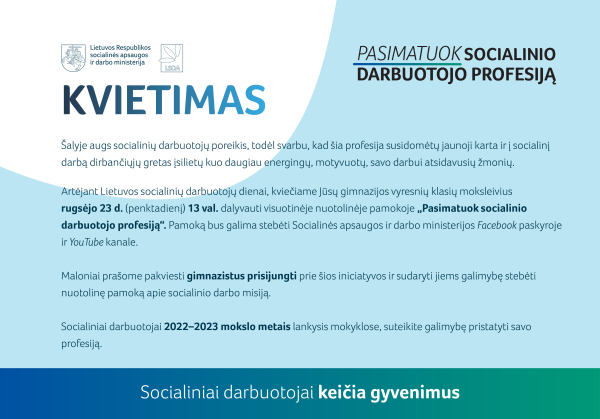 Nuotolinė pamoka „Pasimatuok socialinio darbuotojo profesiją“