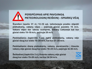 Perspėjimas apie pavojingą meteorologinį reiškinį – smarkų vėją spalio 31 d. – lapkričio 2 d.