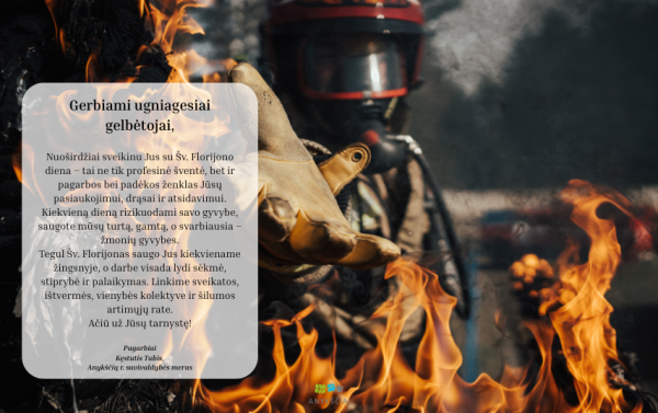 Mero sveikinimas Šv. Florijono, ugniagesių globėjo, dienos proga