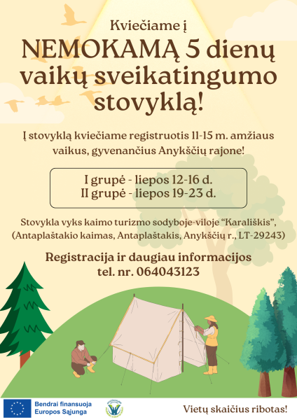 KVIEČIAME Į NEMOKAMĄ 5 DIENŲ VAIKŲ SVEIKATINGUMO STOVYKLĄ!