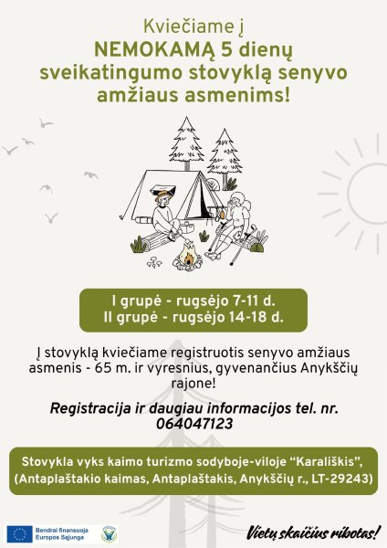 KVIEČIAME Į NEMOKAMĄ 5 DIENŲ SVEIKATINGUMO STOVYKLĄ SENYVO AMŽIAUS ASMENIMS!