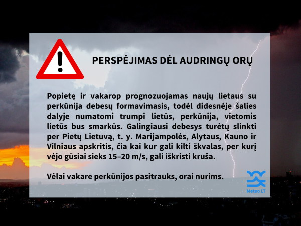 Šiandien Pietų Lietuvoje tikėtini neramūs orai