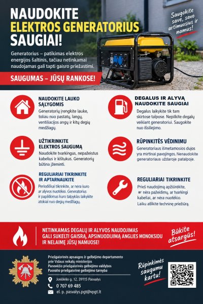 SAUGUS ELEKTROS GENERATORIŲ NAUDOJIMAS –APSAUGOKIME SAVE IR SAVO TURTĄ!